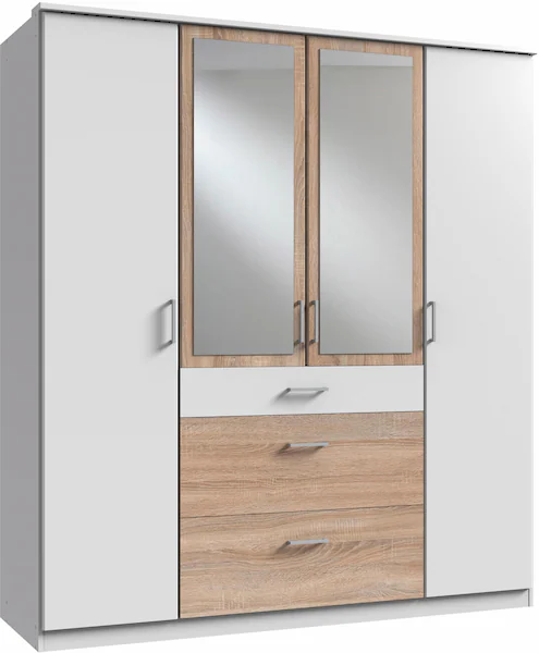 Bild von Wimex Kleiderschrank/ Drehtürenschrank Click, 4 Türen, 2 große, 1 kleine Schubladen, 2 Spiegel, (B/H/T) 180 x 199 x 58 cm, Weiß/Absetzung Eiche Sägerau