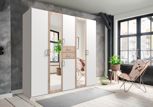 Bild von Drehtürenschrank mit Spiegel und Schubladen 225 cm breit DIVER Weiß / Eiche Sägerau NB