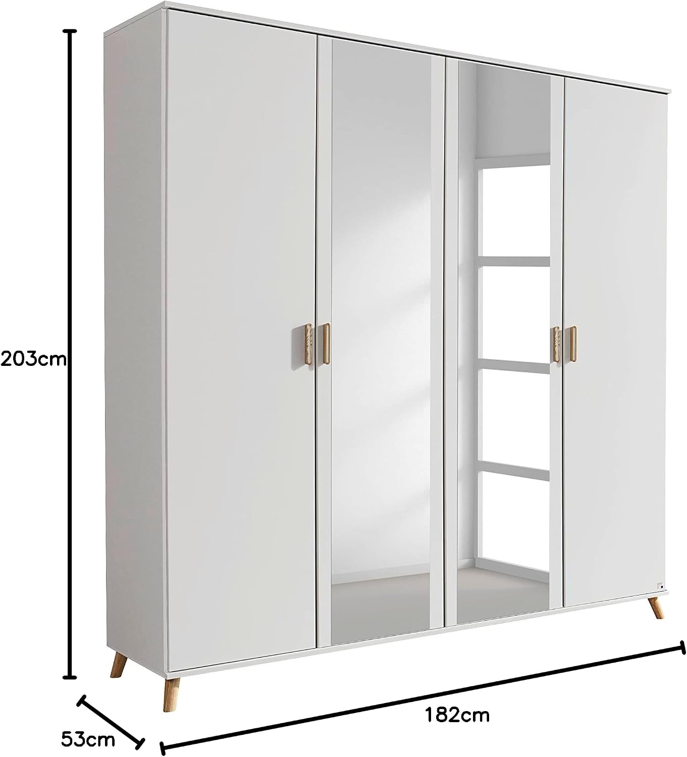 Bild von Rauch Möbel Falun Drehtürenschrank Schrank Kleiderschrank Weiss mit Spiegel, 4-türig, inklusive 1 Kleiderstange, 4 Einlegeböden, BxHxT 182x203x53 cm
