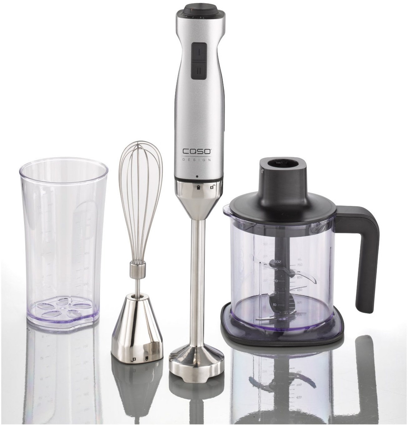 Bild von Caso HB 1000 Design Stabmixer inkl. Pürierstab, Schneebesen, Messbecher und Behälter, 1000 Watt, Aluminium, Silber, Schwarz