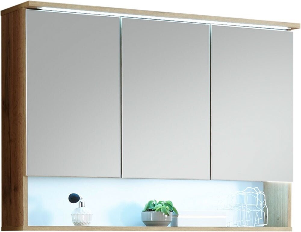 Bild von BEST Spiegelschrank Bad mit LED-Beleuchtung in Wildeiche Optik - Badezimmerspiegel Schrank mit viel Stauraum - 99 x 70 x 23 cm (B/H/T)