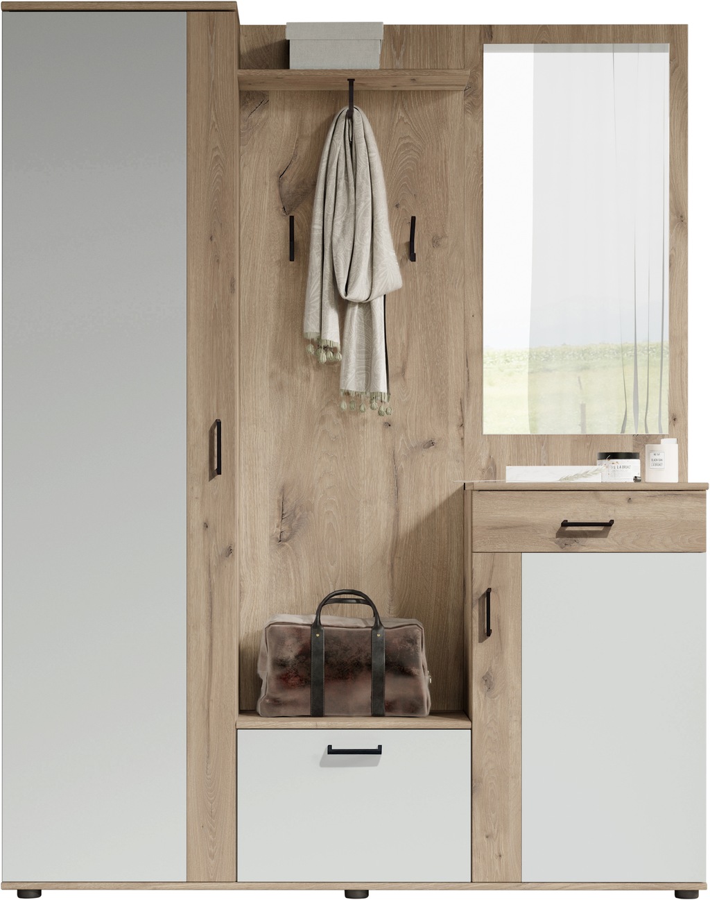 Bild von HBZ Kompaktgarderobe "Jens mit Spiegel, Flurgarderobe BxHxT 145x184x29 cm", (1 St.), Mit Hochschrank, Bank, Paneel und Kommode