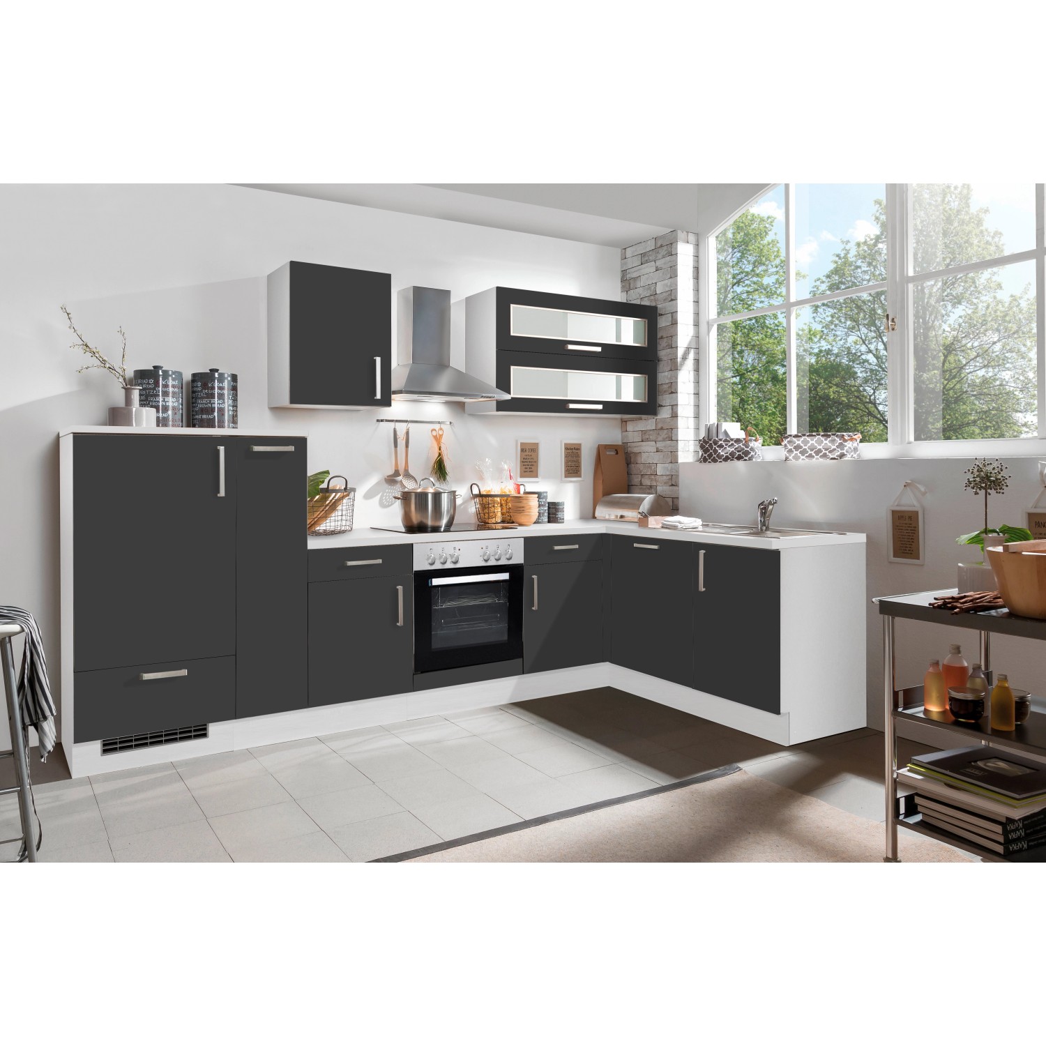 Bild von Menke White Premium Winkelküche 310 x 170 cm Schiefergrau-Weiß