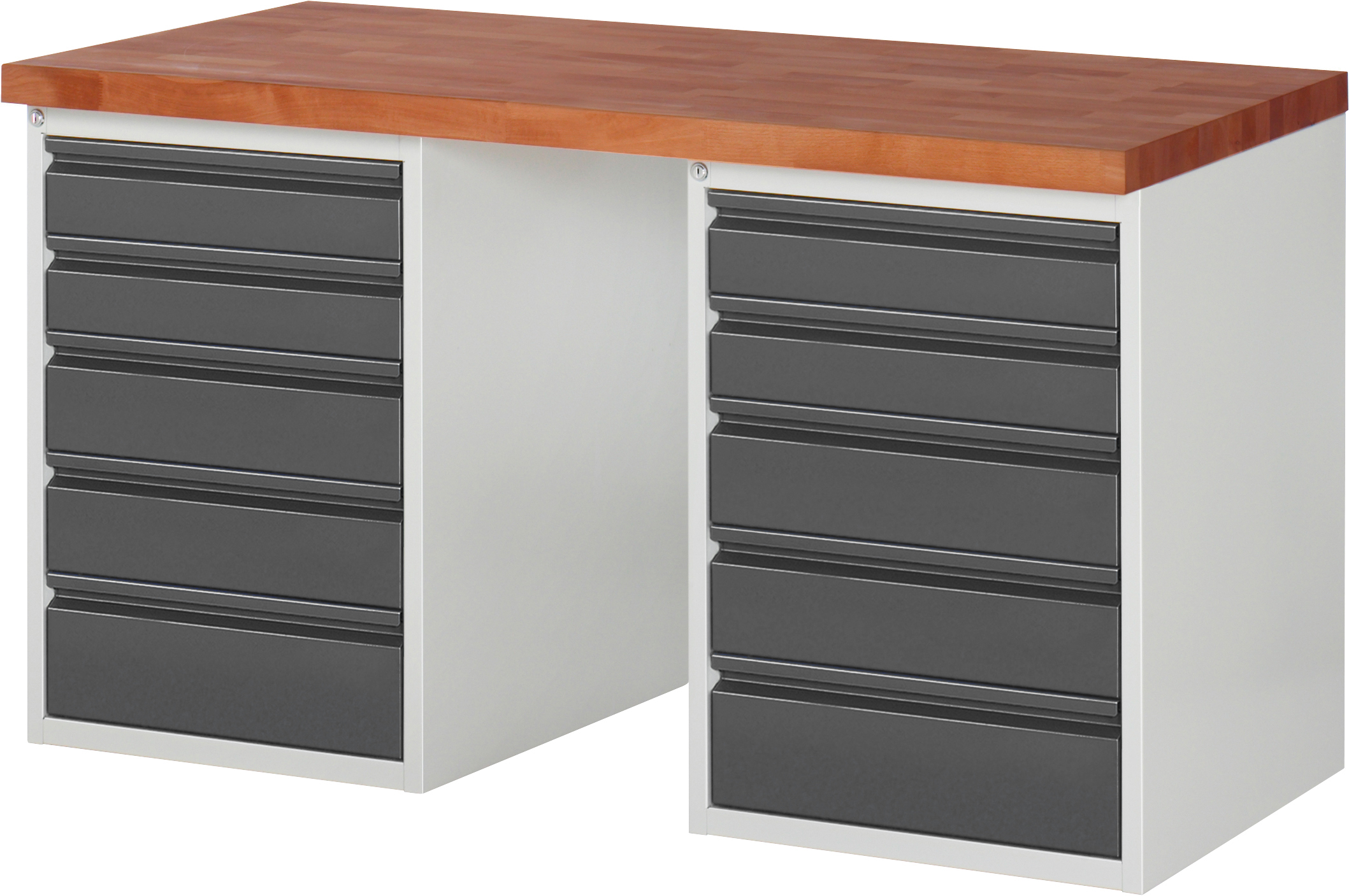 Bild von RAU Werkbank Serie 7000, Rotbuche-Massiv-Arbeitsplatte, 2 Container, HxBxT 890 x 1.500 x 700 mm, 10 Schubladen 4 x 120 mm, 4 x 150 mm, 2 x 180 mm