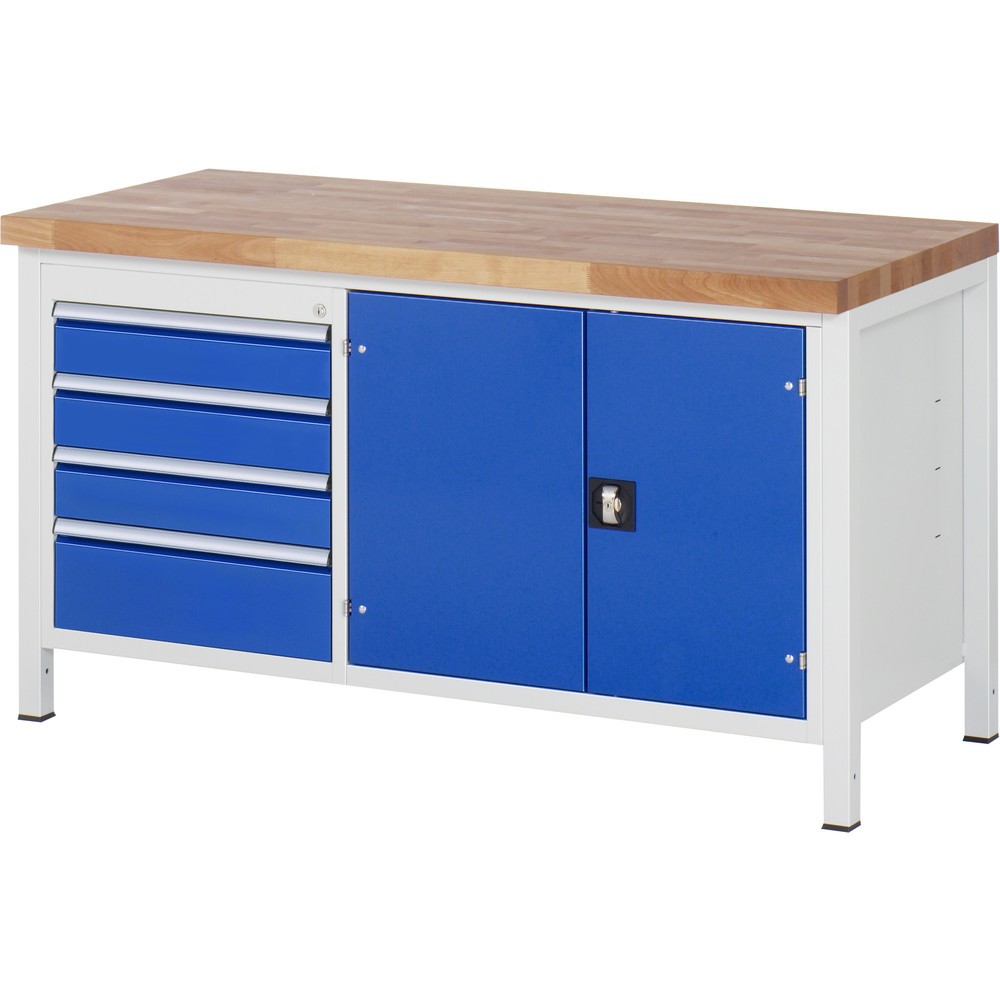 Bild von RAU Werkbank Serie 8000, 1 Doppel-Container, 1 Doppel-Flügeltür, HxBxT 840 x 1.500 x 700 mm, 4 x 90%-Auszug-Schubladen