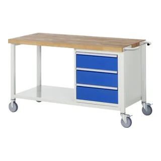 Bild von Werkbank Classic B1500xT700xH880mm, Buche massiv grau blau 3 Schubl.fahrbar RAU