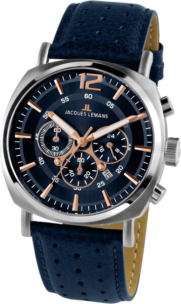 Bild von Jacques Lemans Chronograph »Lugano«, Quarzuhr, Armbanduhr, Herrenuhr, Datum, Stoppfunktion, Lederarmband