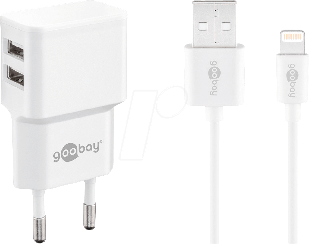 Bild von Wentronic goobay Dual Apple Lightning charger set - Netzteil - 12 Watt - 2.4 A - 2 Ausgabeanschlussstellen (USB) - auf Kabel: Lightning - weiß - für Apple iPad/iPhone/iPod (Lightning) (44979)