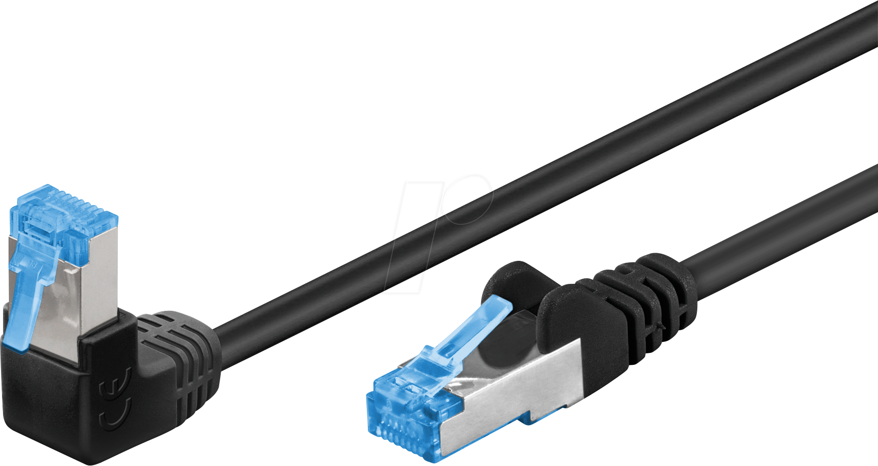 Bild von Goobay CAT 6A Patchkabel 1x 90° gewinkelt, S/FTP (PiMF), Schwarz, 3 m - Rastnase oben, LSZH halogenfrei, Kupfer (51559)