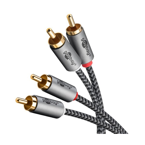Bild von Goobay 65295. Anschluss 1: 2 x RCA, Steckverbinder 1 Geschlecht: Männlich, Anschluss 2: 2 x RCA, Steckverbinder 2 Geschlecht: Männlich, Kabelmaterial: Kupfer, Beschichtung Steckerkontakte: Gold, Magnetisch abgeschirmt, AWG Kabelgröße: 28, Kabellänge: 5 m, Produktfarbe: Grau (65295)