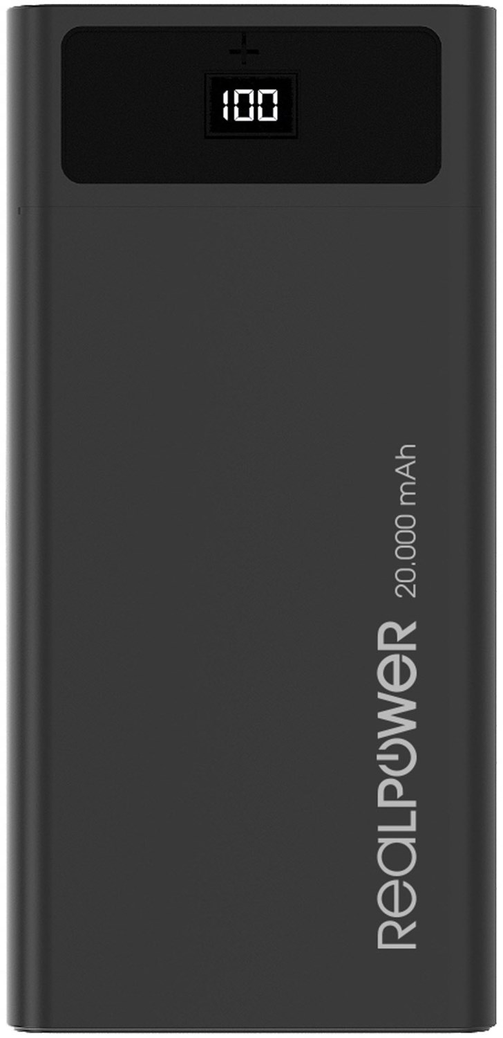 Bild von RealPower PB-20k PD - Schwarz - Headphones/Headset - MP3/MP4 - Handy/Smartphone - Smartwatch - Tablet - Rechteck - 20000 mAh - USB - 74 Wh (306949)