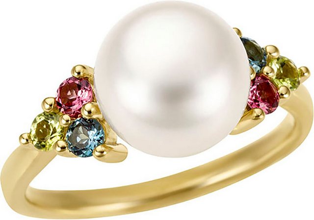Bild von Firetti Perlenring »Schmuck Geschenk Gold 333 Damenring Goldring Fingerring Edelstein«, mit London Blue Topas, Peridot, Rhodolith - mit Süßwasserzuchtperle