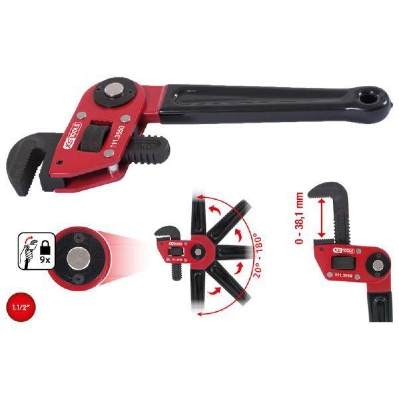 Bild von KS Tools, Zange, Einhand-Rohrzange mit verstellbarem Kopf, Länge 250 mm, für Rohr-Ø 1.1/2" (250 mm)