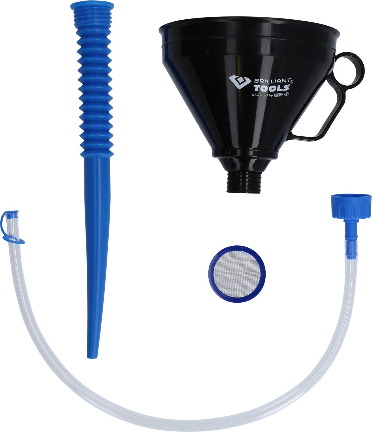 Bild von Brilliant-Tools Trichter BT156916, Kunststoff, Ø 16 cm, 1,2l, mit Sieb, 2 Schläuche