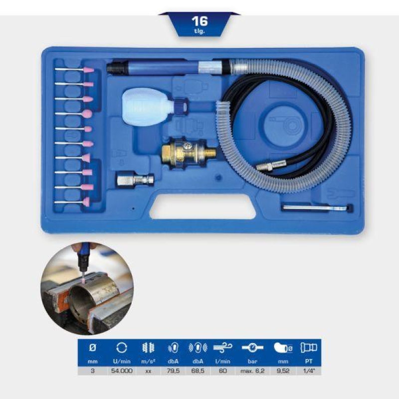 Bild von BRILLIANT TOOLS Stiftschleifer Druckluft Satz 16-tlg. BT160710 I Druckluftschleifer mit stufenloser Geschwindigkeitsregulierung I Mit Schleifsteinen & Öl-Nebelgerät