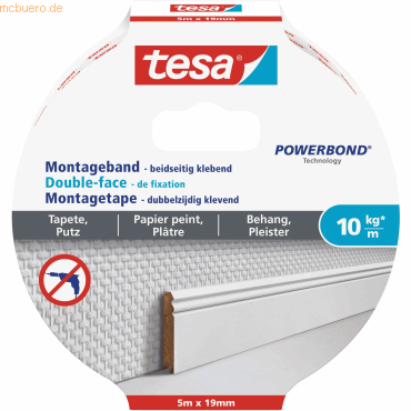 Bild von tesa Doppelklebeband POWERBOND Tapete, Putz Doppelseitiges Klebeband - 5 m : 19 mm (Packung, 1-St) Montageband extra stark - sichere Wandbefestigung ohne Bohren