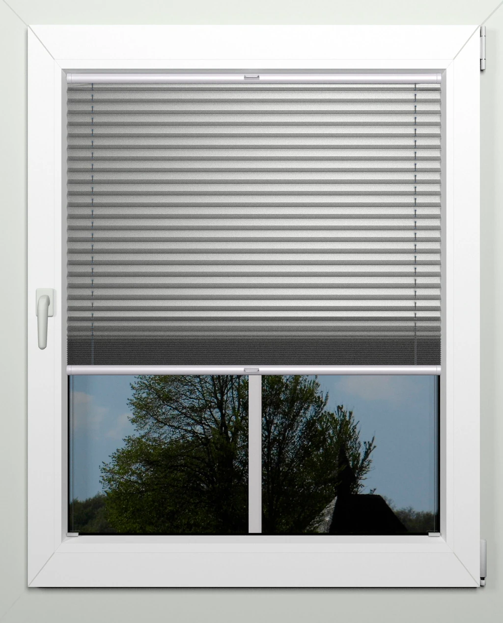 Bild von Plissee INDEKO "Thermo-Deluxe", grau (grau, metallfarben, weiß, weiß), B:56cm H:170cm, Obermaterial: 94% Polyester, 6% sonstige Fasern, Plissees, zur Montage in der Glasleiste, nach Maß
