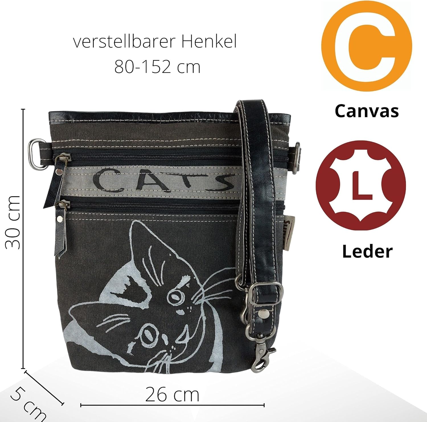 Bild von Sunsa Damen Tasche mit Katzenmotiv. Vintage Umhängetasche aus Canvas & Leder. Schultertasche für Katzenliebhaber. Crossover bag als Geschenkideen für Frauen