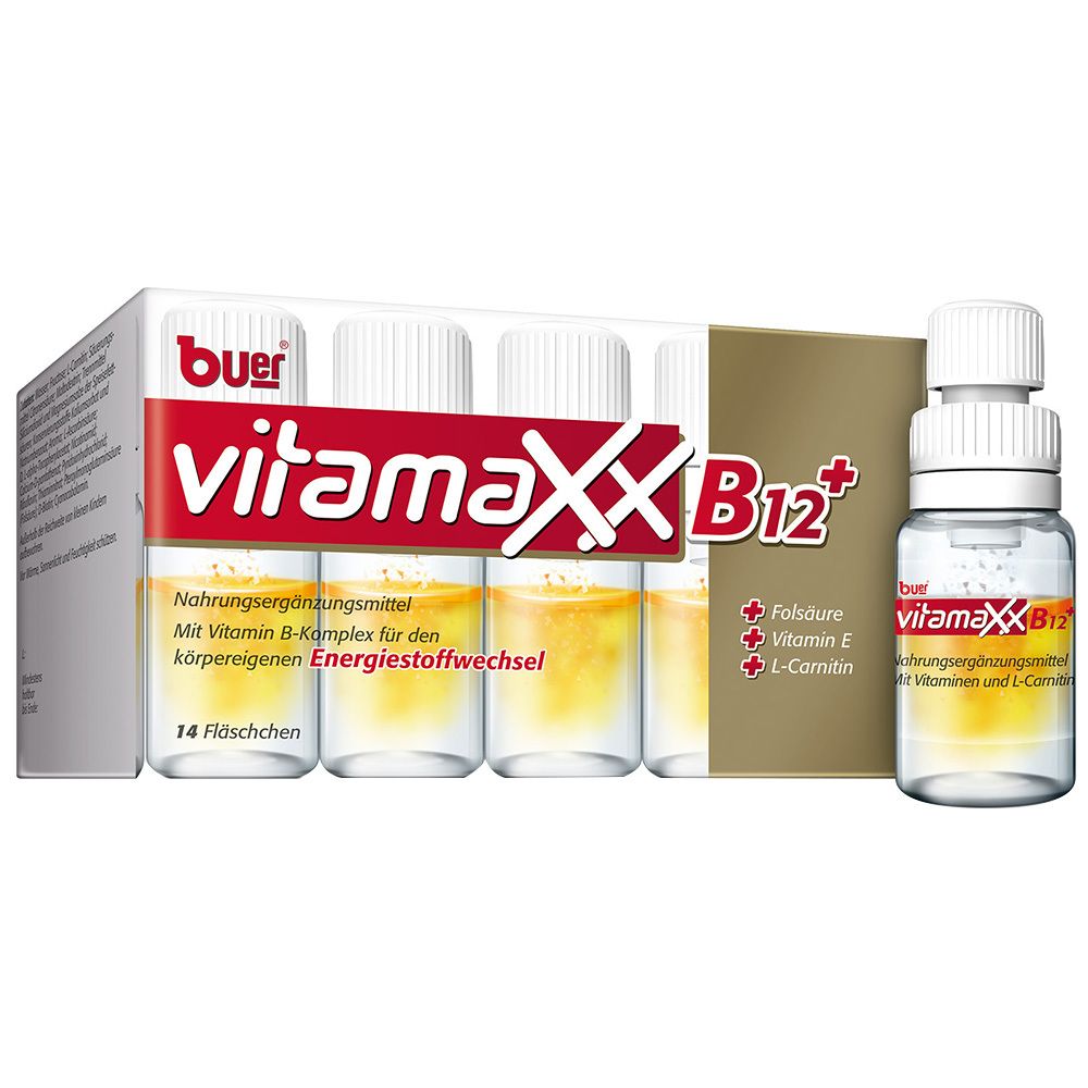 Bild von Buer Vitamaxx B12+: Energie Booster mit L-Carnitin, Vitamin B-Komplex, Vitamin C, Vitamin E und Folsäure für Belastungssituationen, 14 Ampullen
