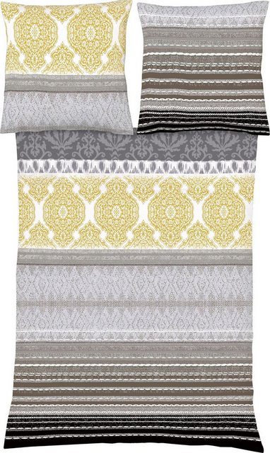 Bild von fleuresse Bettwäsche Fleuresse Aspen Biber Bettwäsche 135x200 Ornamente Streifen grau gold, Feinbiber, 2 teilig