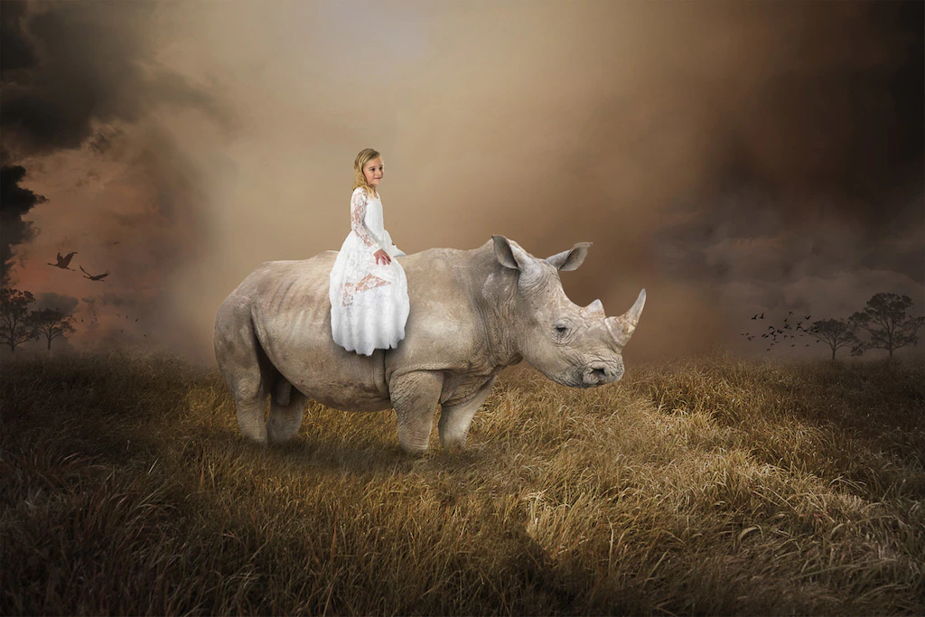 Bild von Papermoon Fototapete "Surreales Mädchen, das Nashorn reitet"