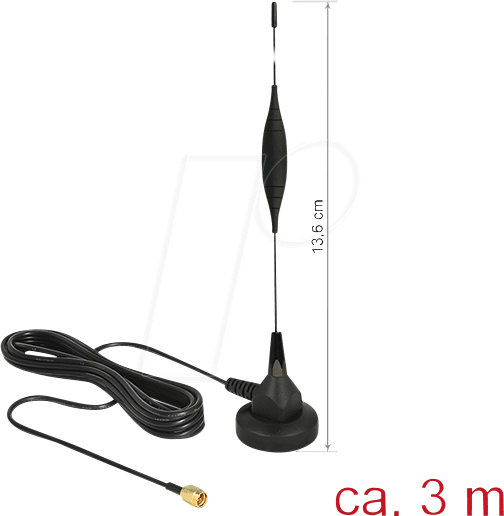 Bild von DELOCK GSM Antenne SMA Stecker 5dBi starr omnidirektional mit magnetischem Standfus und Anschlusskabel (RG-174, 3 m) Outdoor schwar