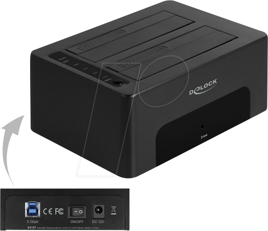 Bild von Delock - HDD / SSD Dockingstation Schächte: 2 - 2.5 / 3.5 gemeinsam genutzt (6,4 cm, 8,9 cm) - SATA 6Gb/s - USB3.0 - Schwarz (64187)