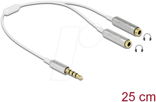 Bild von Delock Audio Splitter Klinkenstecker 3.5 mm 4 Pin > 2 x Klinkenbuchse 3.5 mm 4 Pin (0.25 m, 3.5mm Klinke (AUX)), Audio Kabel