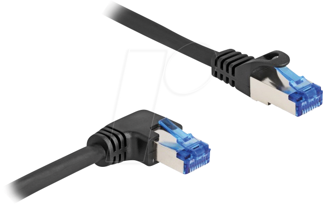 Bild von Delock RJ45 Netzwerkkabel Cat.6A S/FTP gerade / rechts gewinkelt 1 m schwarz (S/FTP, CAT6a, 1 m), Netzwerkkabel