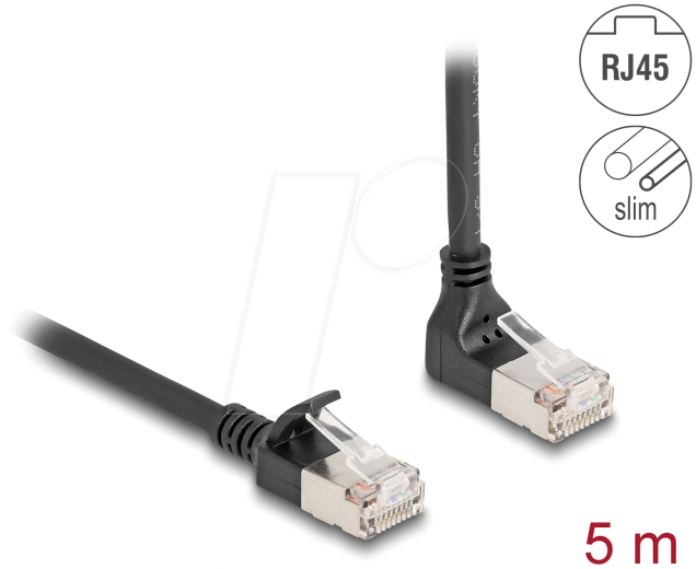Bild von Delock - Patch-Kabel - RJ-45 (M) nach oben angewinkelt zu RJ-45 (M) gerade - 5,0m - 4,5 mm - S/FTP - CAT 6a - geschirmt, halogenfrei, ohne Haken - Schwarz (80290)