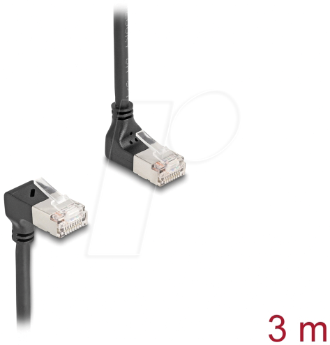 Bild von Delock RJ45 Netzwerkkabel Cat.6A S/FTP Slim 90° oben / unten (S/FTP, CAT6a, 3 m), Netzwerkkabel