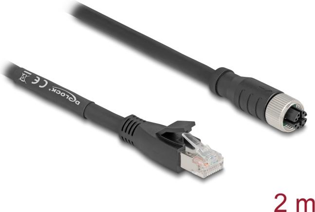 Bild von Delock - Netzwerkkabel - RJ-45 (M) zu 8 pin M12-X (W) - 2,0m - 6,8 mm - S/FTP - CAT 5e - X-kodiert, flexibel, ohne Haken - Schwarz (80590)