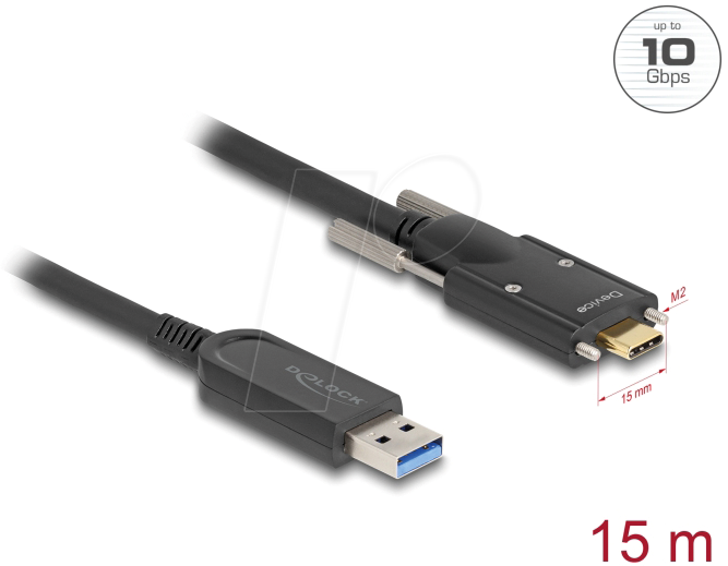 Bild von Delock Aktives Optisches Kabel USB 10 Gbps Typ-A Stecker zu USB Type-C™ Stecker mit Schrauben seitlich 15 m (15 m, USB 3.2 Gen 2), USB Kabel