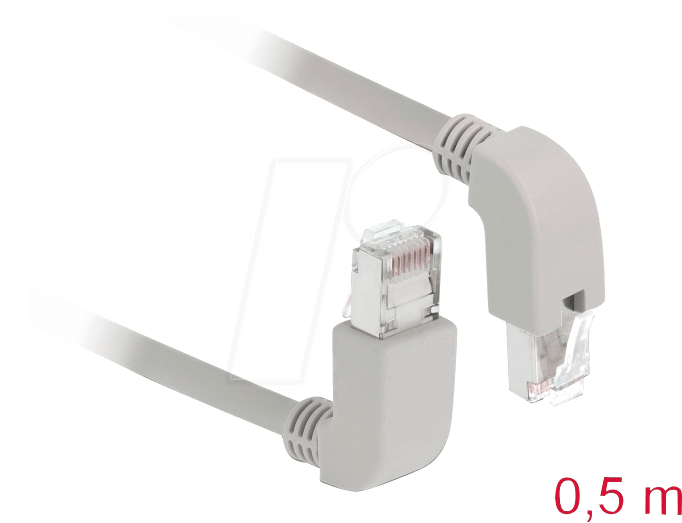 Bild von DeLOCK - Patch-Kabel - RJ-45 (M) nach oben gewinkelt bis RJ-45 (M) nach unten gewinkelt - 50cm - S/FTP - CAT 6a - geschirmt, halogenfrei - Grau (85870)