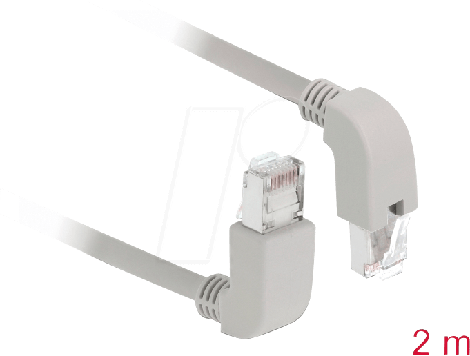 Bild von Delock Patch-Kabel RJ-45 (M) nach oben gewinkelt bis RJ-45 (M) nach unten gewinkelt (S/FTP, CAT6a, 2 m), Netzwerkkabel