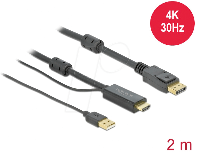 Bild von Delock - Video- / Audiokabel - HDMI, USB (nur Strom) männlich zu DisplayPort männlich - 2 m - Dreifachisolierung - Schwarz - 4K Unterstützung
