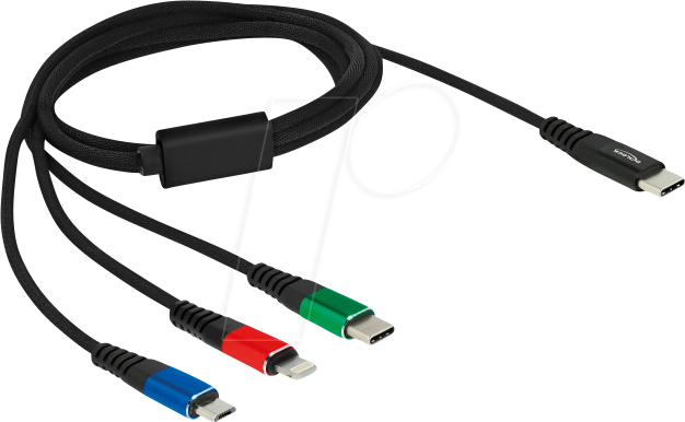 Bild von Delock 7,60cm (3) 1 - Kabel nur zum Laden - USB-C männlich zu Micro-USB Typ B, Lightning, USB-C männlich - 1,0m - Schwarz - für Apple 10.2  iPad, 10.9  iPad Air, AirPods Max, AirPods Pro, iPhone 11, 12, 13, SE (86596)
