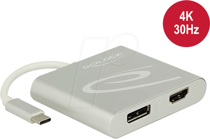 Bild von Delock Monitor Splitter USB Typ-C  zu HDMI & DP (HDMI, DP, 7.30 cm), Data + Video Adapter, Silber