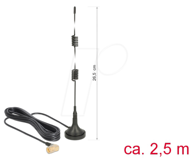 Bild von DeLock LTE Antenne SMA Stecker 90° 2,5 dBi starr omnidirektional mit magnetischem Standfuß und Anschlusskabel RG-174 2,5 m Outdoor schwarz (89614)
