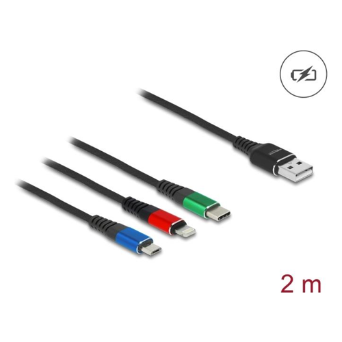 Bild von Delock USB Ladekabel 3 in 1 Typ-A zu Lightning / Micro USB / Type-C 2 m