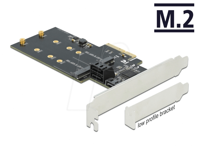 Bild von DeLOCK 3 port SATA and 2 slot M.2 Key B PCI Express x4 Card - Low Profile Form Factor - Speicher-Controller - M.2 - M.2 Card / SATA 6Gb/s Low-Profile - PCIe 3.0 x4 (90499)