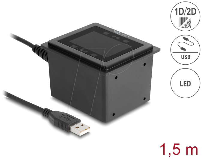 Bild von Delock USB Barcodescanner 1D und 2D kabelgebunden für den stationären Einbau - German Version (90600)