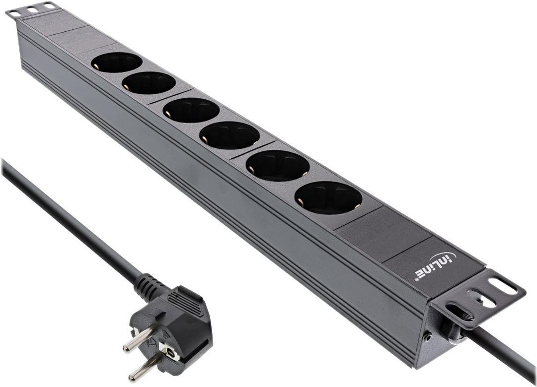 Bild von InLine® 48,30cm (19) Steckdosenleiste, 6-fach Schutzkontakt, ohne Schalter, 2m, schwarz (16415I)