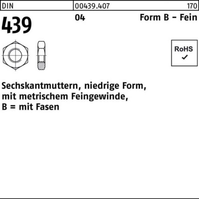 Bild von Reyher Muttern 100er Pack Sechskantmutter BM 36 x 1,5 DIN 439 Form B Automatenstahl