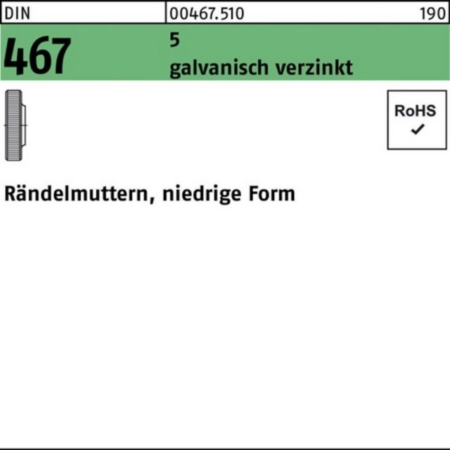 Bild von Reyher Rändelmutter 100er Pack Rändelmutter M 5 DIN 467 niedrige Form 5 galvanisch verzin