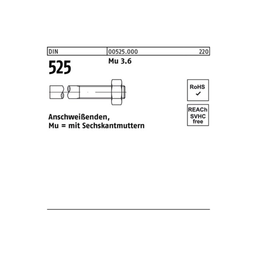 Bild von Anschweißende DIN 525 Sechskantmutter M10x150/45 Mu 3.6 - 100 Stück