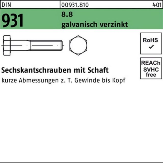 Bild von Reyher Sechskantschraube 100er Pack Sechskantschraube M 14 x 90 DIN 931 m.Schaft 8.8 galvanisch