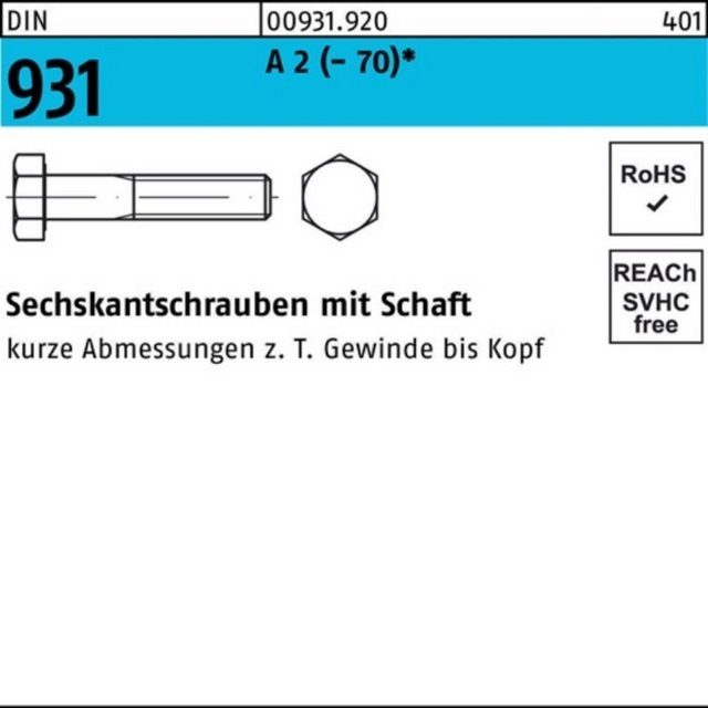 Bild von Reyher Sechskantschraube 100er Pack Sechskantschraube M 10 x 65 DIN 931 m.Schaft A 2 (70)