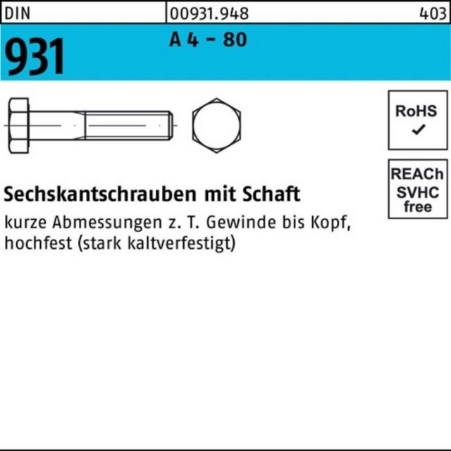 Bild von Reyher Sechskantschraube 100er Pack Sechskantschraube M 6 x 30 DIN 931 m.Schaft A 4 - 80