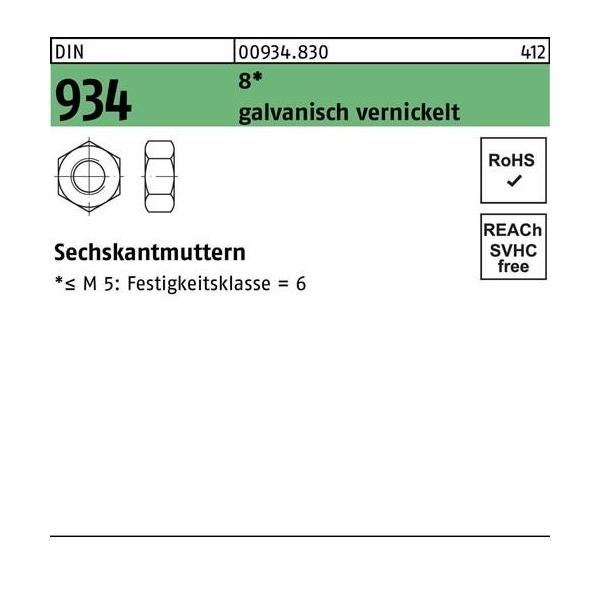 Bild von 1000 Stk. Sechskantmutter DIN 934 M3 8 galv. vernickelt 1000 Stück Noname